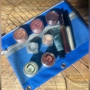 Blue cloth travel Makeup Bag with 10 pieces of Assorted Cosmetics